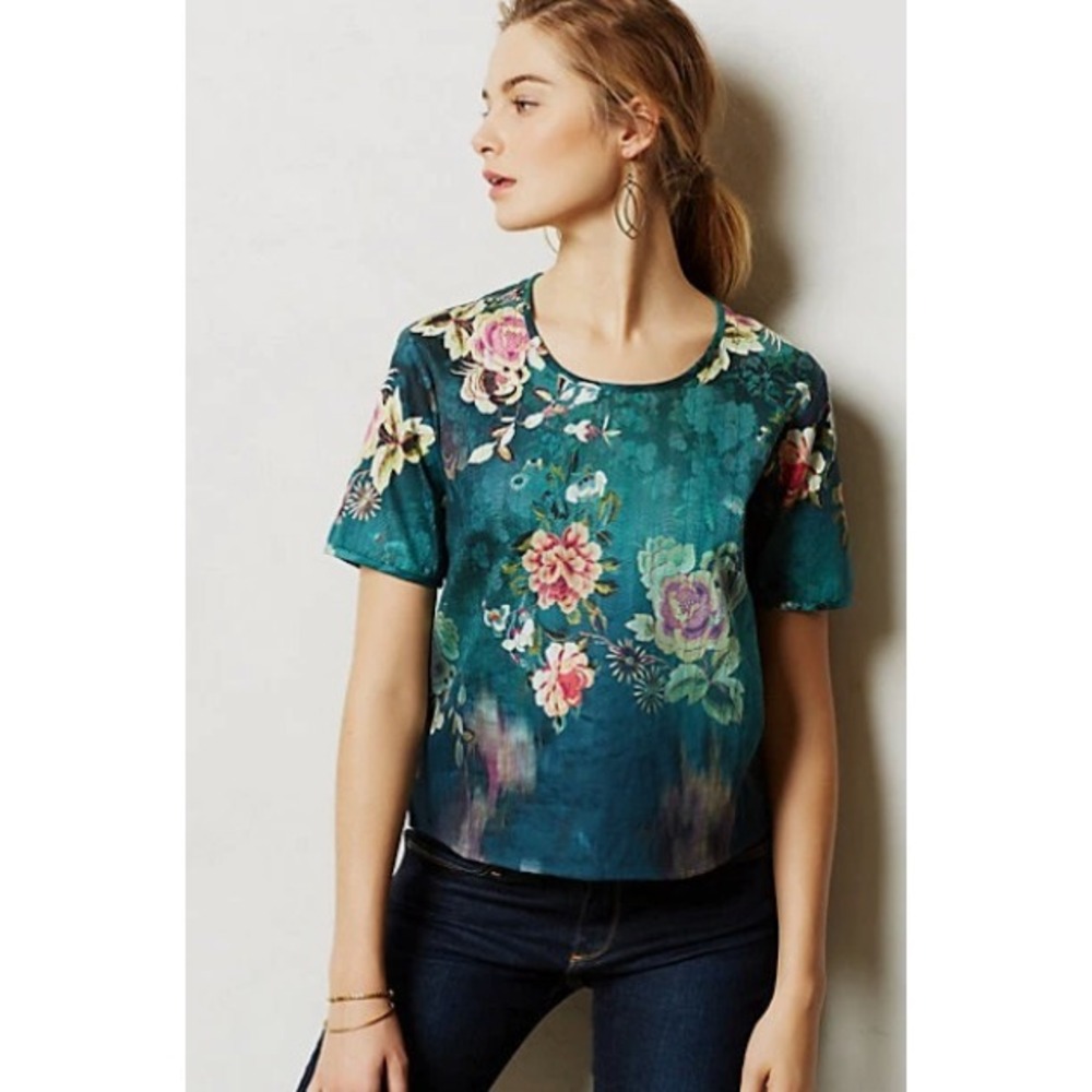 Tanvi Kedia Anthropologie Lily Pond Tee Top Womens Size‎ S Green Quilted Floral
